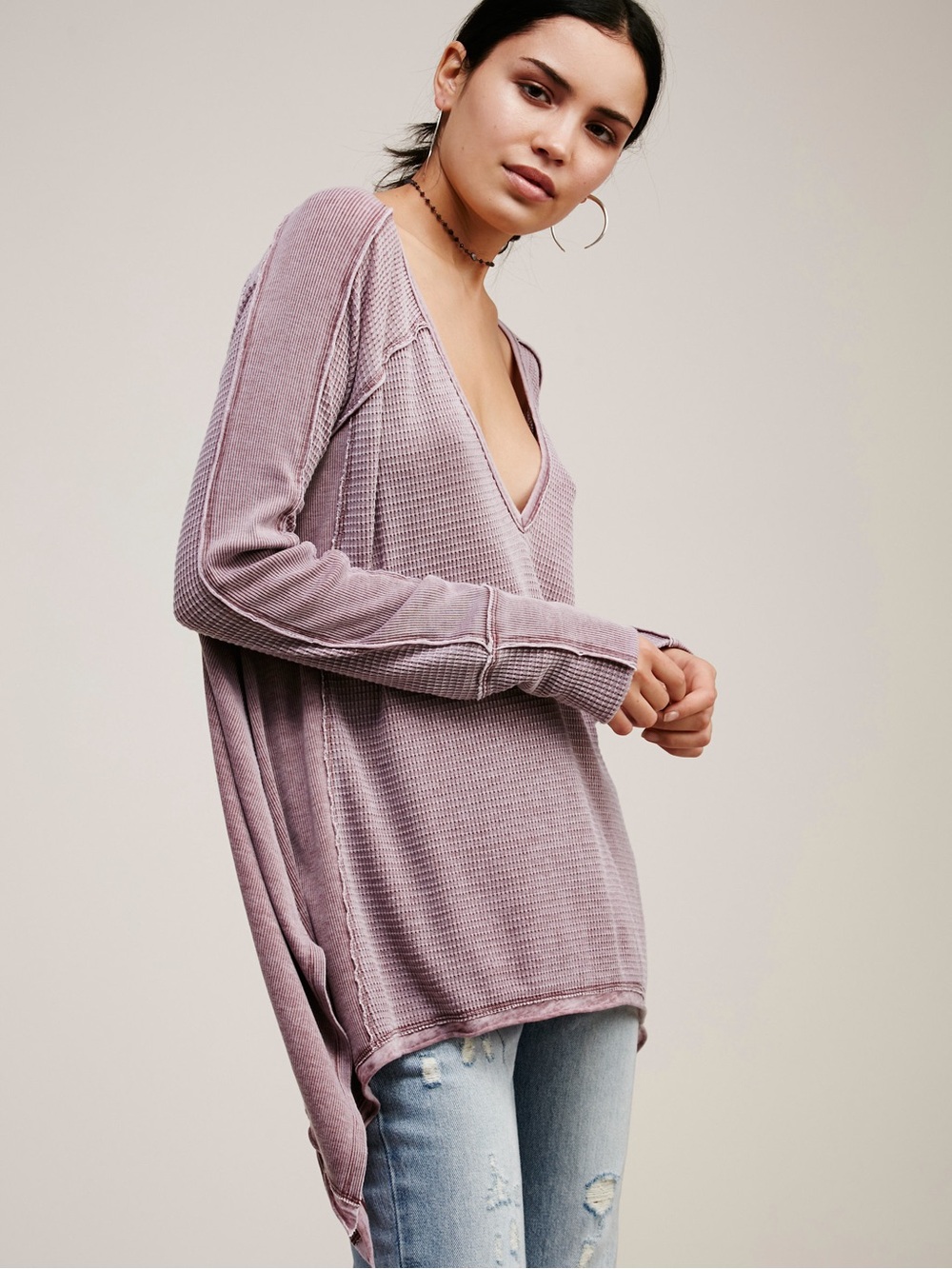 Free People Washed Pacific Thermal Oversized Waffle V-Neck Long Sleeve